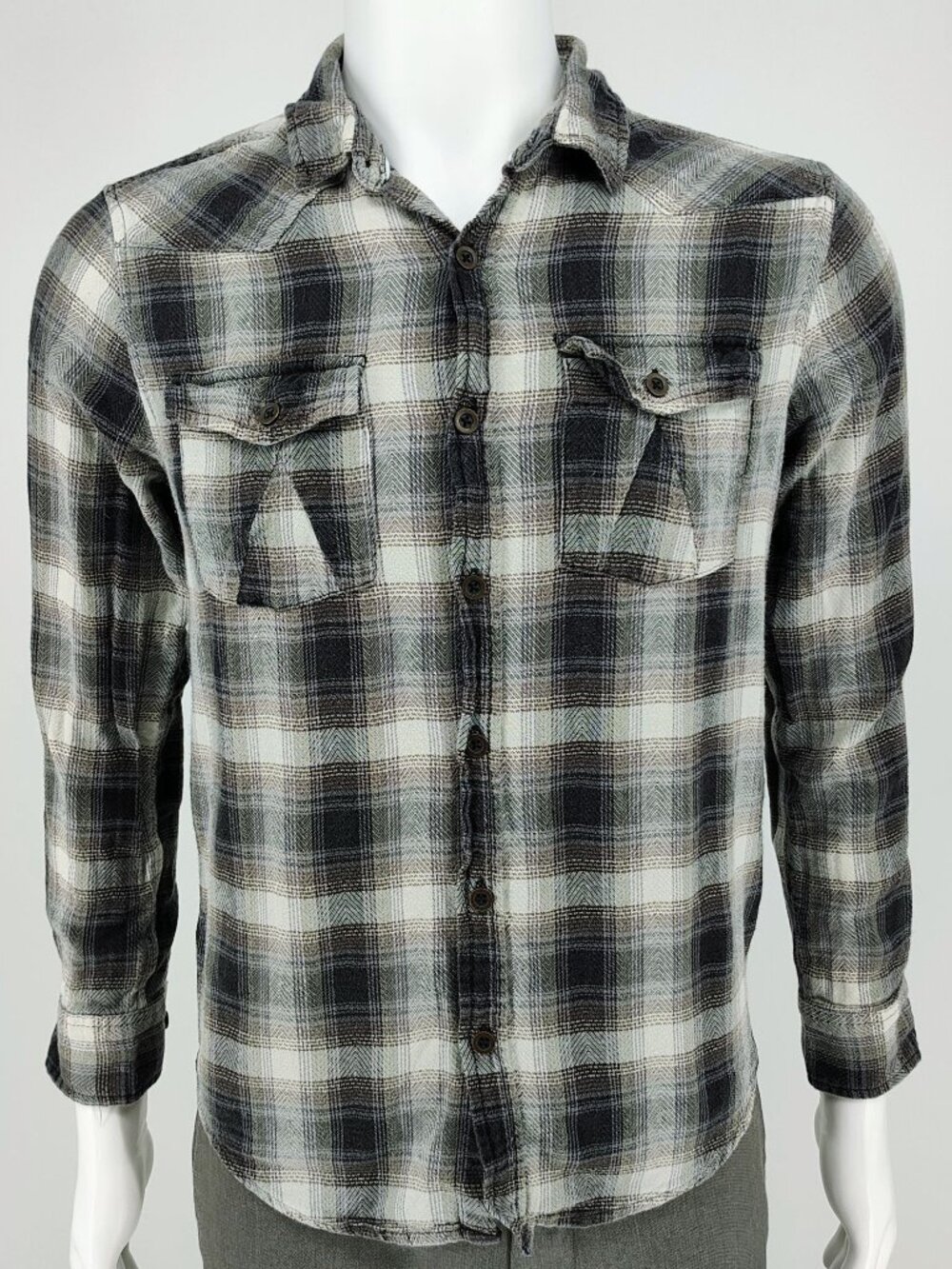 RF Brand Mens Plaid Button-Up Flannel Shirt Long Sleeve Cotton Black/White Size